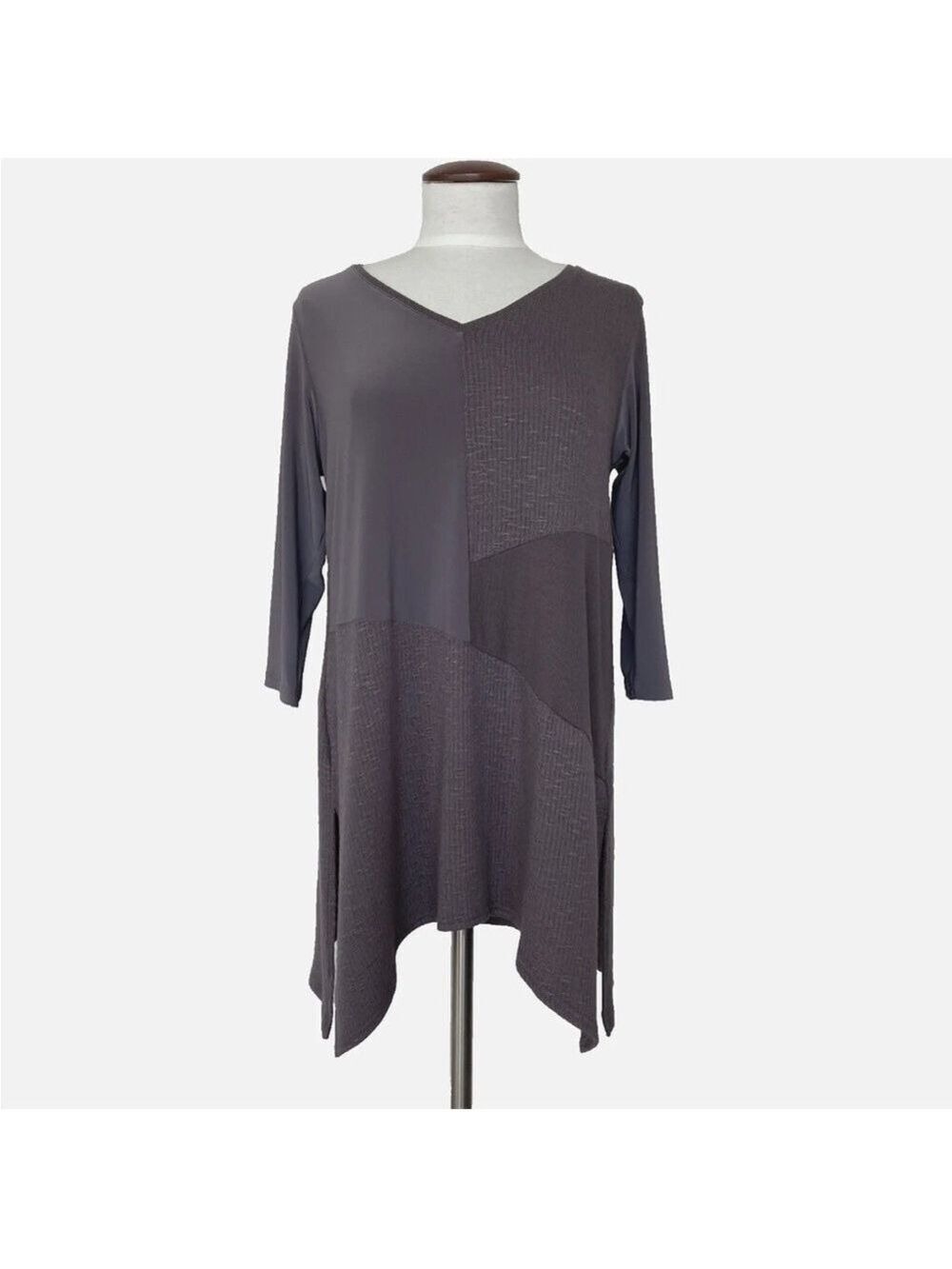 Sympli Stretchy Grey Tunic Top Knit & Jersey Mix 3/4 Sleeve V-Neck Size 10